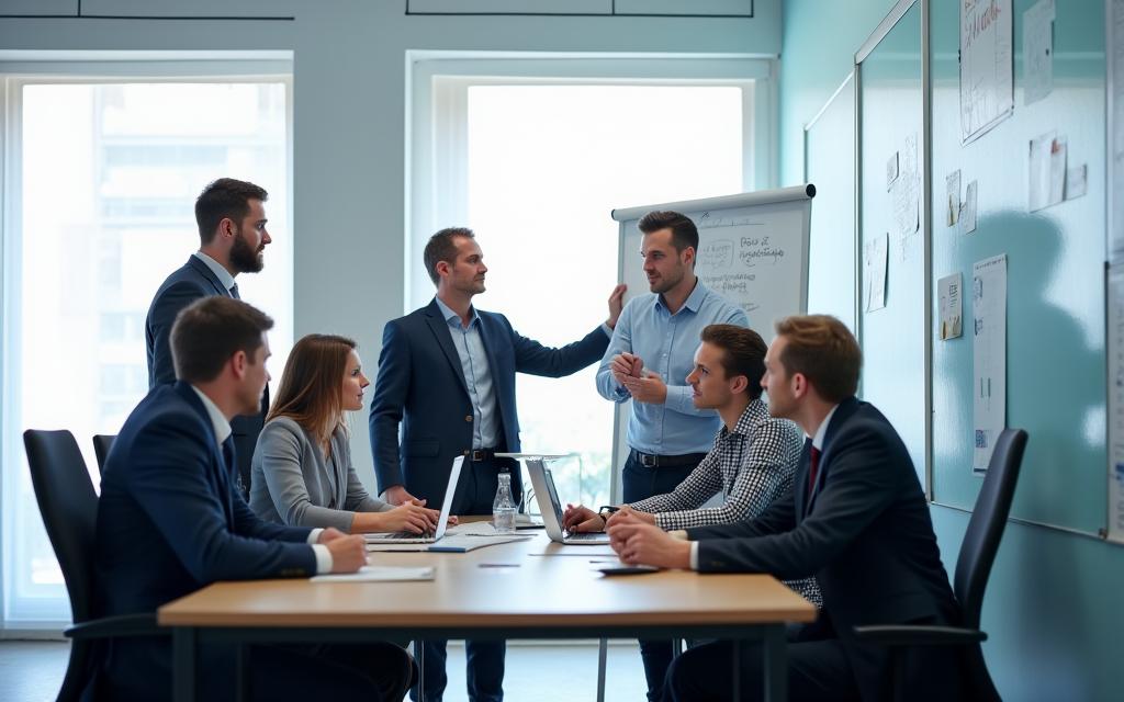 Ein professionelles Team in einem modernen Büro, das eine Geschäftsstrategie an einem Whiteboard bespricht.